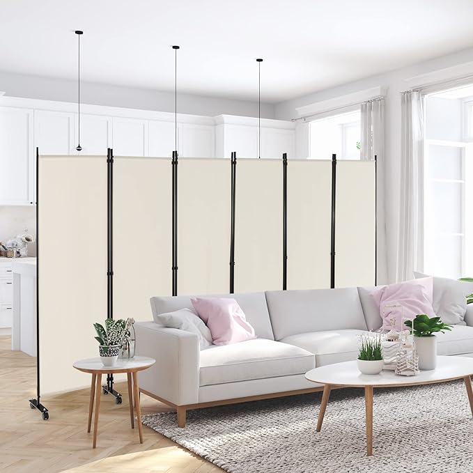 Giantex 6 Panel Room Divider, 132''W x 68''H Large Folding Privacy Screen, Rolling Partition Room Dividers for Home Office Studio Separation, Freestanding Fabric Wall Divider Screen on Wheels, Beige