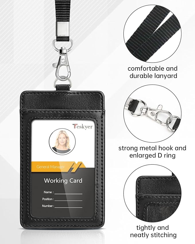 Teskyer Leather ID Badge Holder with Lanyard for Work School IDs, Cruise Ship Cards, Hotel Key Card, All Kinds of Pass Cards - Black