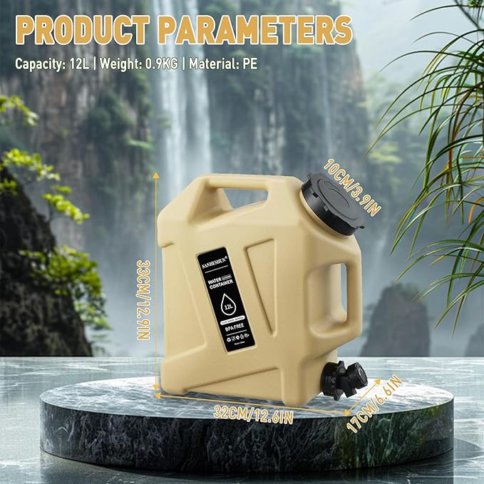 3.2 Gallon Water Jug,Camping Water Container with Spigot,BPA-Free with Cleaning,Brush Military Green Tank Portable,Suitable for Outdoor Camping and Hiking,Khaki