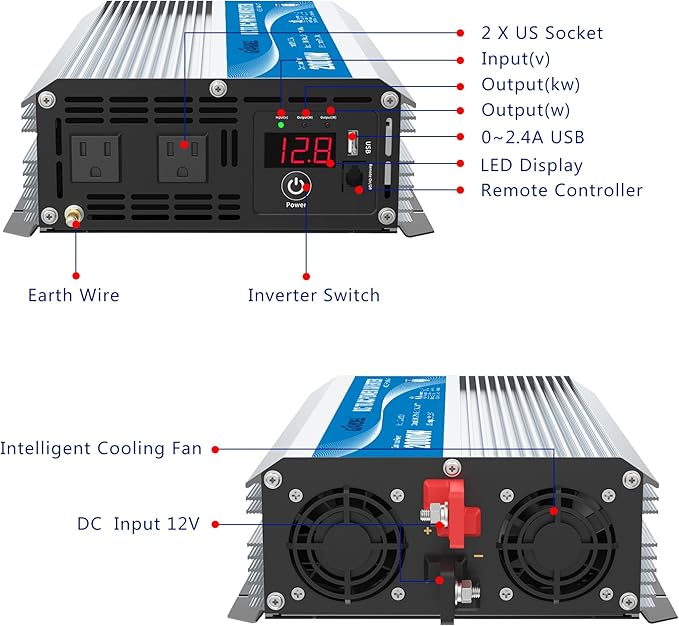 GIANDEL 2000Watt Power Inverter 12V DC to 110V 120V AC ETL Listed UL458 STD 2000W Inverter with 15 FT Wired Remote LED Display Dual Outlets for RVs Off Grid Solar Setup Truck Boat Marine