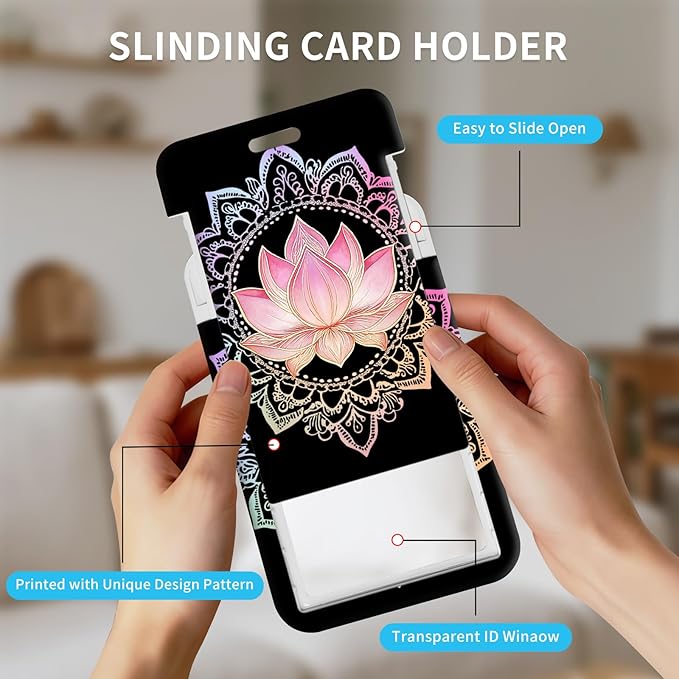 ID Badge Holder with Retractable Lanyard for Women & Men,Vertical ID Card Holder Wallet,Clear Window&Card Slot,Detachable Neck Strap for Nurse Teacher Office,Lotus Flower