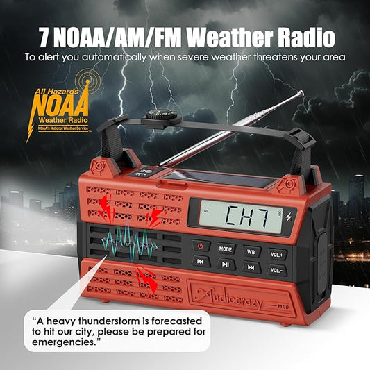 Emergency Crank Radio, 5000mAh/18500mWh Solar Hand Crank Radio, AM/FM/NOAA Weather Radio with Bluetooth,Type C Charger, 3 Mode Flashlight,Reading Lamp for Emergency& Camping Red