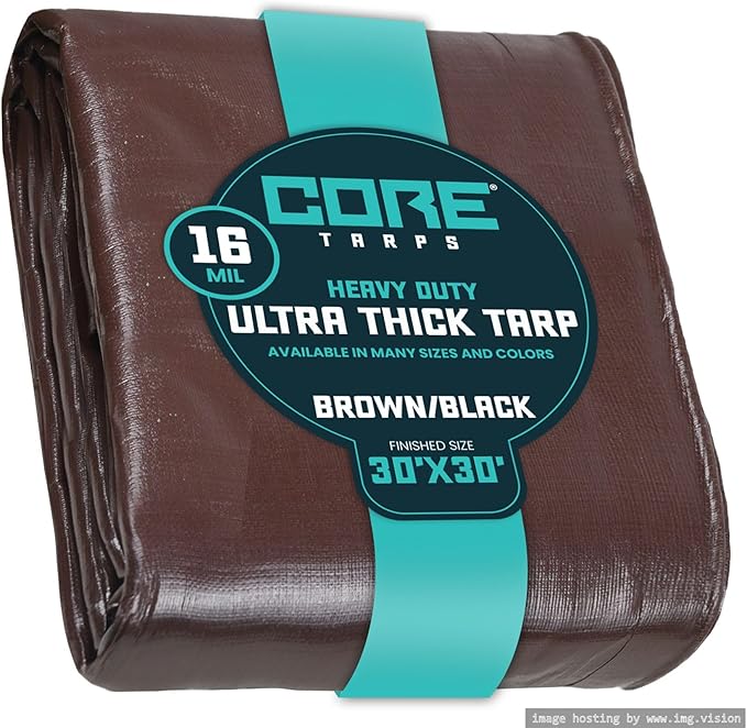 Core Tarps Extra Heavy Duty 16 Mil Tarp Cover, Waterproof, UV Resistant, Rip and Tear Proof, Poly Tarpaulin with Reinforced Edges for Roof, Camping, Patio, Pool, Boat (Brown/Black 30′ X 30′)