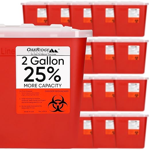 Oakridge Products Large Sharps Container for Home Use and Professional 2 Gallon (20-Pack) with Sliding Top, Biohazard Needle and Syringe Disposal, CDC Certified