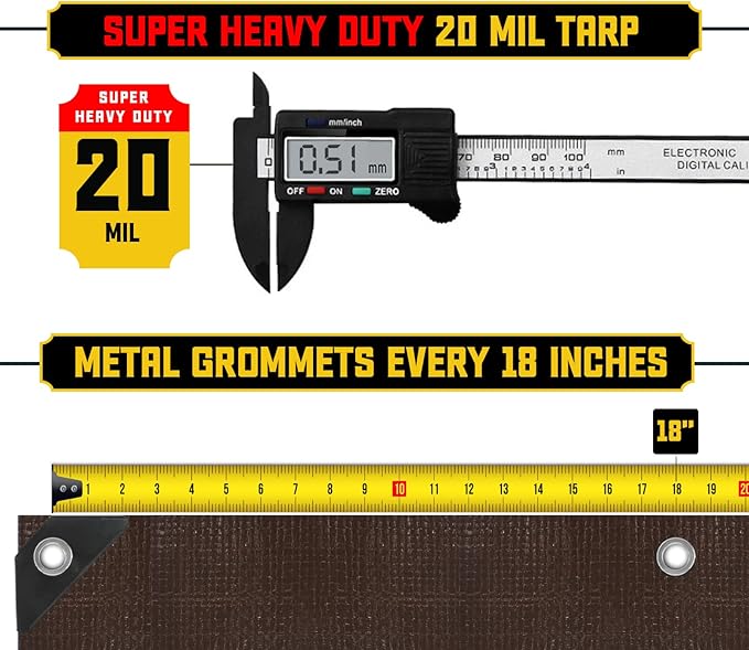 Core Tarps Extreme Heavy Duty 20 Mil Tarp Cover, Waterproof, UV Resistant, Rip and Tear Proof, Poly Tarpaulin with Reinforced Edges for Roof, Camping, Patio, Pool, Boat (Brown/Black 12′ X 12′)