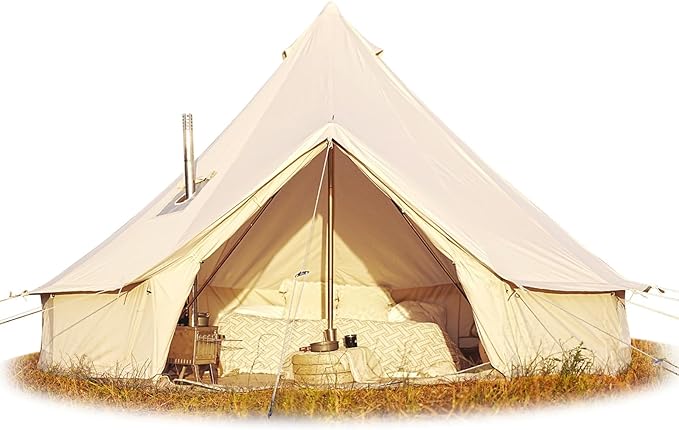 Cotton Canvas Bell Tent, Waterproof Large Tents with Sturdy Center & Door Pole and Space for 4/6/8 Person All 4 Season Camping Yurt Tent