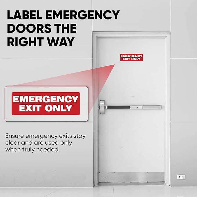 | Emergency Exit Only Sign Stickers (2 Pack), 8.75x3 – Strong Adhesive, Durable, Waterproof Exit Sign Stickers for Doors and Walls – Perfect for Emergency Exit Only Signage.