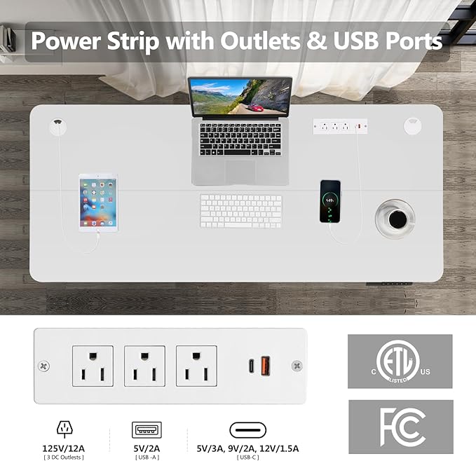 Electric Standing Desk with Wheels, 63'' x 24'' Standing Desk Adjustable Height with Charging Station, 2 USB Ports, 3 Power Outlets, 4 Caster, 27''-46'' Lifting Range Stand up Desk(White)