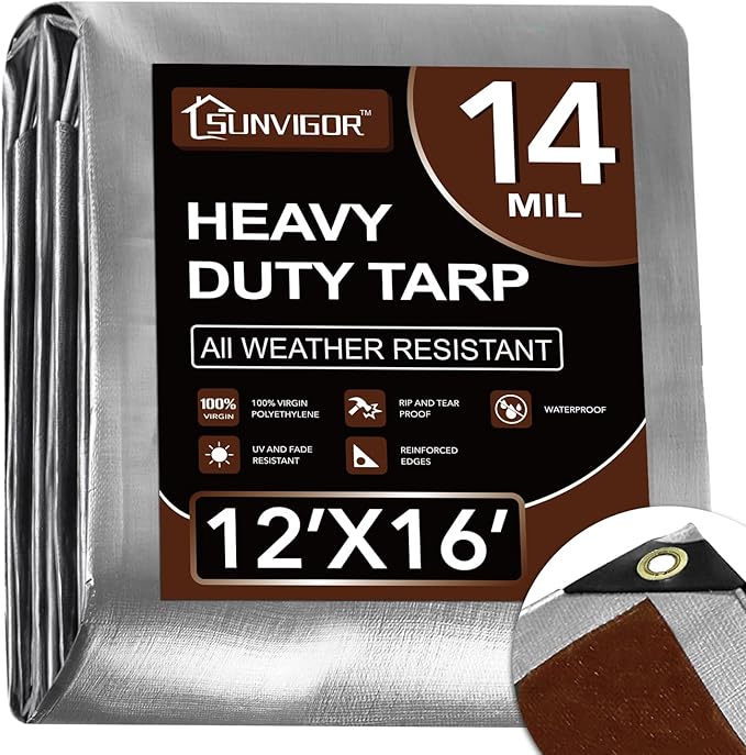 Sunvigor Tarp Waterproof 12x16Ft, Heavy Duty Tarp Cover Extra Thick 14 Mil Tear and UV Resistant, Outdoor Tarps with Grommets and Reinforced Edges for Roof, Camping, Patio, Pool, Boat