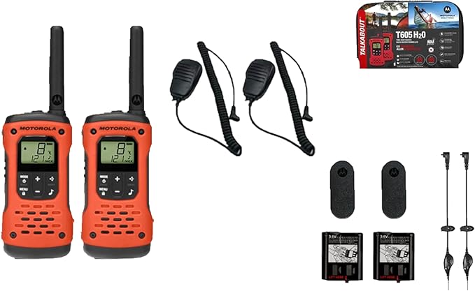 Motorola Solutions, Portable FRS Talkabout T605 H2O Two Way Radios 2-Pack, Walkie Talkies Orange Waterproof Rechargeable, Carrying Case, Orange/Black with 2 Remote Speaker Mics