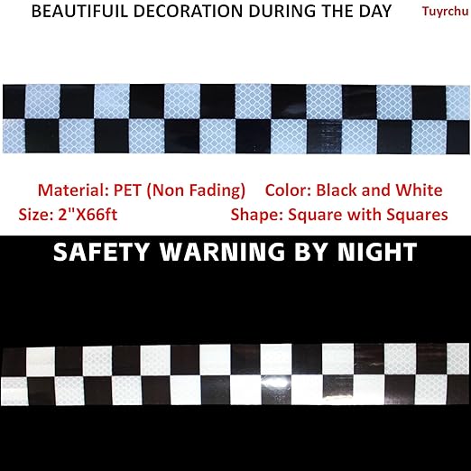 Reflective Tape Black White 2 inch Wide for Cars, Outdoor Waterproof High Visibility Safety Warning Adhesive Strips (66 feet)
