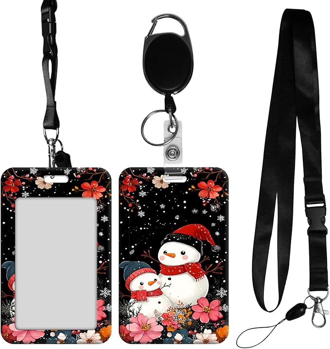 ID Badge Holder with Retractable Lanyard for Women & Men,Vertical ID Card Holder Wallet,Clear Window&Card Slot,Detachable Neck Strap for Nurse Teacher Office,Snowman Family Blossom