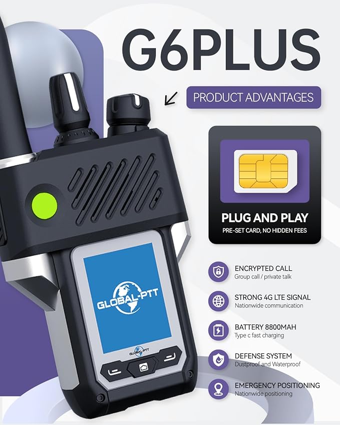 G6Plus PoC Radios Nationwide Coverage - 4G LTE Walkie Talkies with Unlimited Range GPS SOS Metal Body USB-C Charging Pre-Installed SIM Ready to Use (Black)