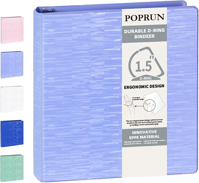 POPRUN 3 D Ring Binder 1.5 Inch, PVC-Free, Holds 375 Sheets of 8.5 x 11 Paper, Extra Durable Organizer with 2 Pockets for School & Office, Heavy-Duty, 1 Pack, Cornflower Purple