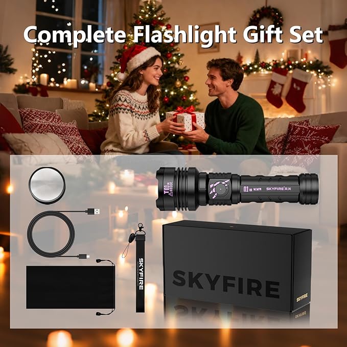 SKYFIRE Rechargeable Flashlights High Lumens: LED Super Bright Flashlight Zoomable 5 Modes Tactical Waterproof Handheld Powerful Flash Light for Camping, Emergency, Holiday Gift (with Ignition Lens)