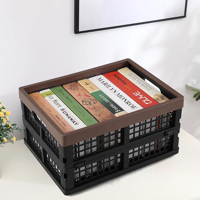 Set of 3 Plastic Collapsible Storage Crate, 15 L Stackable Folding Storage Crates with Handles, Foldable Shelf Storage Baskets