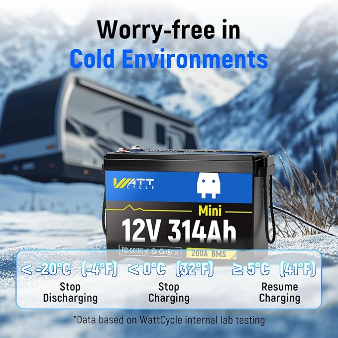 WattCycle 12V 300Ah (314Ah) LiFePO4 Lithium Battery Mini Size, 4000+ Cycles, 200A BMS & 4.01kWh Energy, Upgraded Cooling Fins & Braided Wires, Ideal for RV, Marine, Camping, Solar Off-Grid (3 Packs)