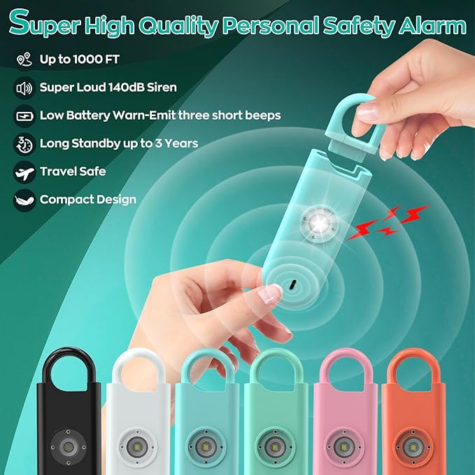 140dB Personal Safety Alarm for Women, 6 Pack Safe Alarm Protection Keychain with Strobe Light & Low Battery Notice, Security Siren Self Defense for Seniors College Girls, Blue+Green+Orange