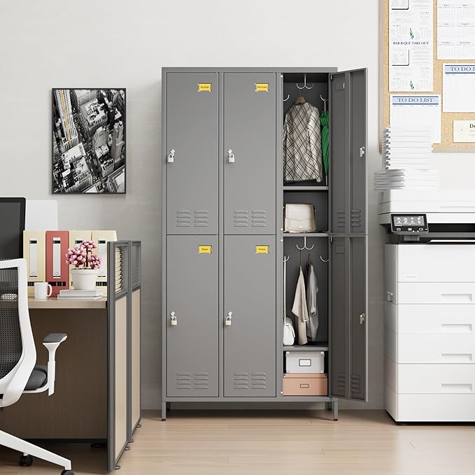 Metal Lockers for Employees with 6 Doors and 18 Hooks, 72”H Storage Locker with Card Slot for Office Gym School Bedroom, Assembly Required, Dark Gray