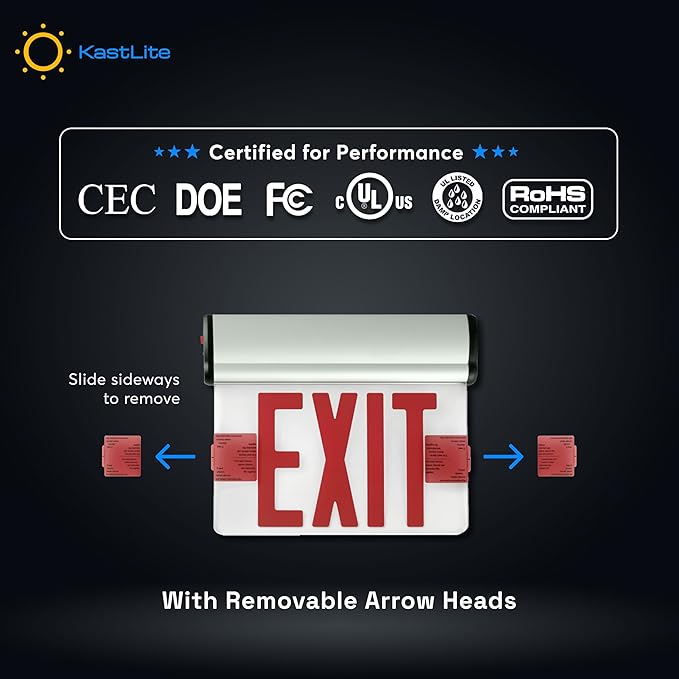 KastLite LED Emergency Edge-Lit Exit Sign, 90 Min Backup, Damp Rated, Red Letters with Arrows, UL Listed, 120/277VAC, Acrylic Panel - 1 Pack