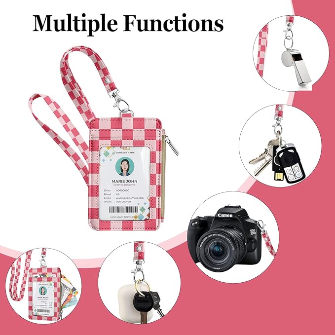 bolimoss Checkered Lanyard Wallet with Id Badge Holder Slim Keychain Wallet for Women Zip Card Holder with ID Window, 5 Card Slots, Side Zipper Coin Purse, Detachable Neck Strap