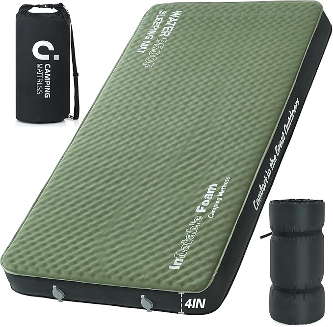 CYMULA 4-inch Self-inflating Camping Pad, 79"x 52"x 4" Ultra-Thick Double Sized Sleeping Mattress, Inflatable Foam Pads for Camp with Air Pump Sack, Suitable for Adults, Backpacking Travel, Army Green