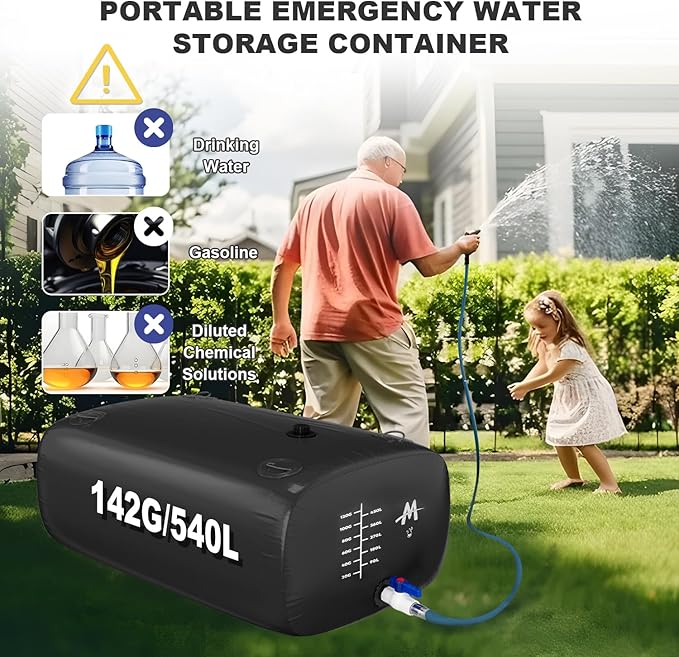 Moongiantgo 142G/540L Foldable Water Storage Bladder-1000D PVC Portable Emergency Water Storage Container with Valve & Overflow Kit-Soft Water Storage Bag for Emergency Water, RV, Camping, Irrigation
