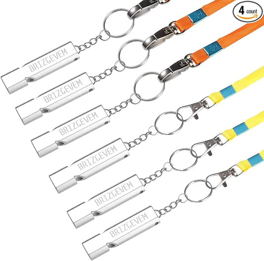 Survival Whistles 4-Pack & 6-Pack, Aluminum Emergency Safety Whistle with Lanyard and Keychain, Waterproof & Unbreakable for Hiking, Camping, Dog Training, Coaching, Emergency Kits