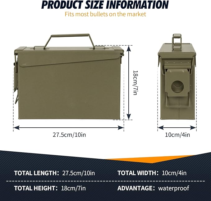 GUGULUZA Metal Ammo Can 30/50 Cal, Lockable Bullet Storage Case, Waterproof & Airtight Containers Box with Flip Top for Long-Term Storage Shotgun, Rifles, Pistols Ammunition