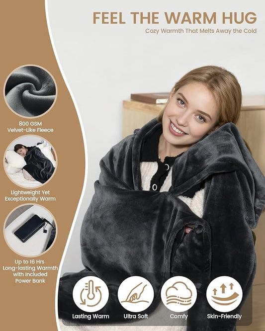 Cordless Heated Blanket with Hood, Rechargeable Wearable Heated Blanket Battery Powered with 20000 mAh Battery, 9 Heating Zones, 3 Levels, Portable Heated Throw Blanket, Heated Shawl, Camping Blanket