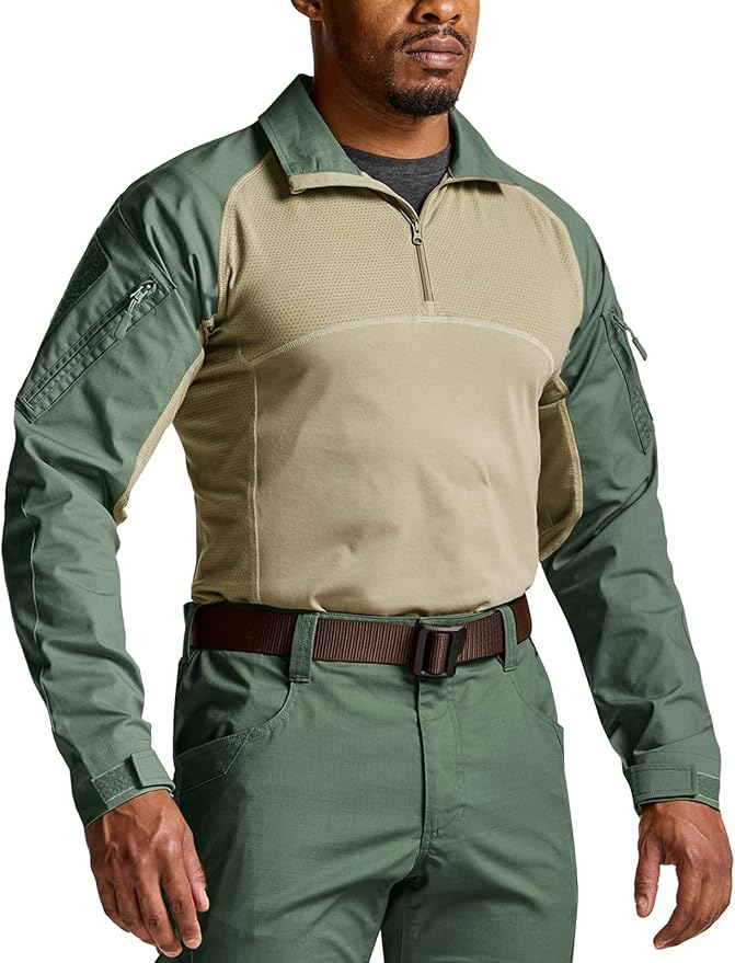 CQR Men's Combat Shirt Tactical 1/4 Zip Long Sleeve Military BDU Shirts Camo EDC Top with Pockets