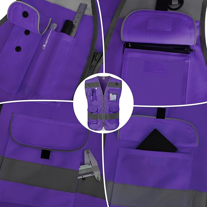 TCCFCCT Safety Vest 9 Pockets High Visibility Reflective Safety Vest for Men Women, Hi Vis Work Vest with Reinforced Sewing, Durable to Use, Meets ANSI/ISEA Standards, (Purple, 3X-Large)