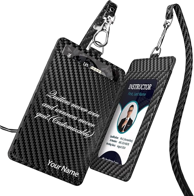 Carbon Fiber Work ID Card Holder with Lanyard is a Stylish and Durable Card Holder with Dual Card Capacity, Clear Display Window and Privacy Back Pocket (Black Customized)
