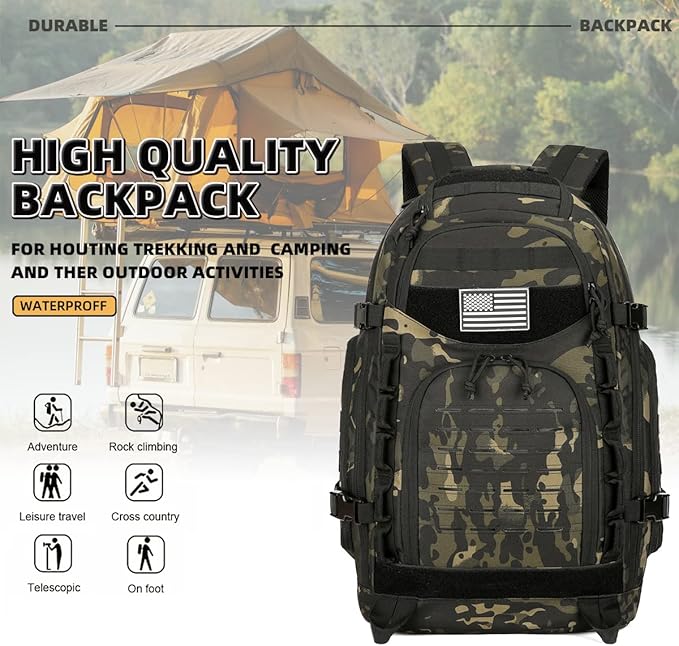 45L Tactical Backpack for Men and Women Large Military Tactical Backpack Heavy Duty Molle Assault Pack Daypack for Hiking Camping Travel Work Gym Outdoors (Black Camo)