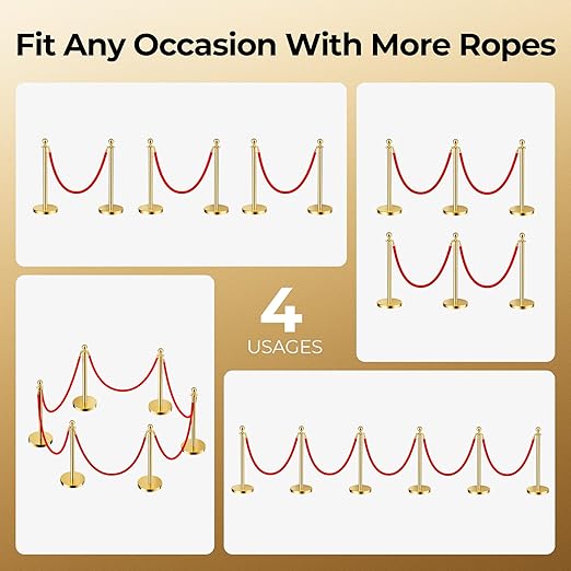 6pcs Sturdy Gold Stanchion Posts and 6pcs High Quality Red Carpet Velvet Ropes, Water/Sand/Concrete Fillable Leakproof Base, Crowd Control Barriers for Birthday, Prom, Business, Wedding