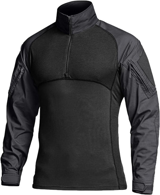 CQR Men's Combat Shirt Tactical 1/4 Zip Long Sleeve Military BDU Shirts Camo EDC Top with Pockets