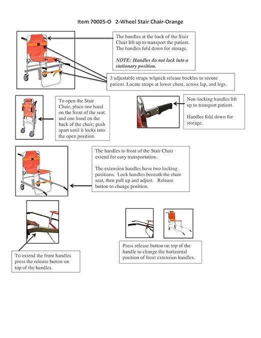 LINE2design-USA-EMS Mobility Chair - Ambulance Firefighter Medical Foldable Aluminum Manual Chair + 3 Adjustable Straps with Quick Release Buckles - Orange