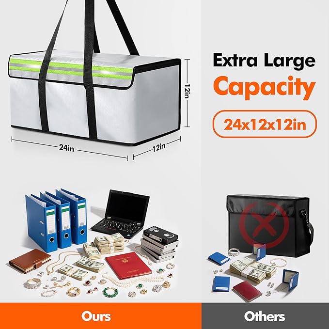 Large Fireproof Document Bags 24x12x12in, Fireproof Document Box for Cash, Photo Albums, Valuables, Extra Large Fireproof Bag Waterproof Document Storage with Reflective Strip, Grey