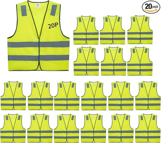 Safety Vests 20 Pack Bulk - Yellow Reflective High Visibility Construction ANSI Class 2 Work Vests for Men,Woman,Hi Vis Mesh and Neon Silver Strip