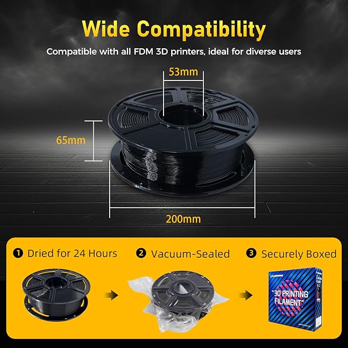 FLASHFORGE Rapid PETG Filament 1.75mm Black, Max 600mm/s High Speed Printing, 3D Printer Filament 1kg Spool, Dimensional Accuracy +/- 0.02mm, Fits Most 3D Printers
