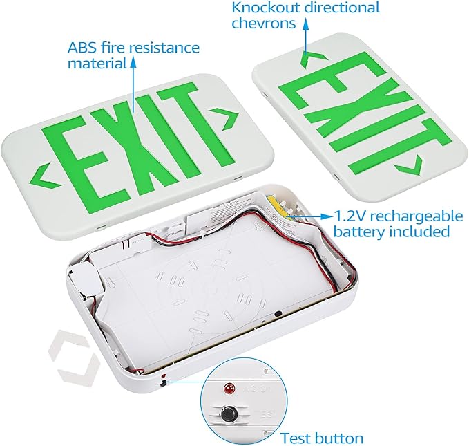TORCHSTAR LED Exit Sign, Emergency Exit Light with Battery Backup, Double Face, UL 924, AC 120/277V, Damp Location, Hardwired Green Letter Exit Lights for Business Indoor, Pack of 2