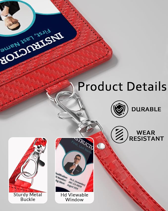 Carbon Fiber Work ID Card Holder with Lanyard is a Stylish and Durable Card Holder with Dual Card Capacity, Clear Display Window and Privacy Back Pocket (Red)