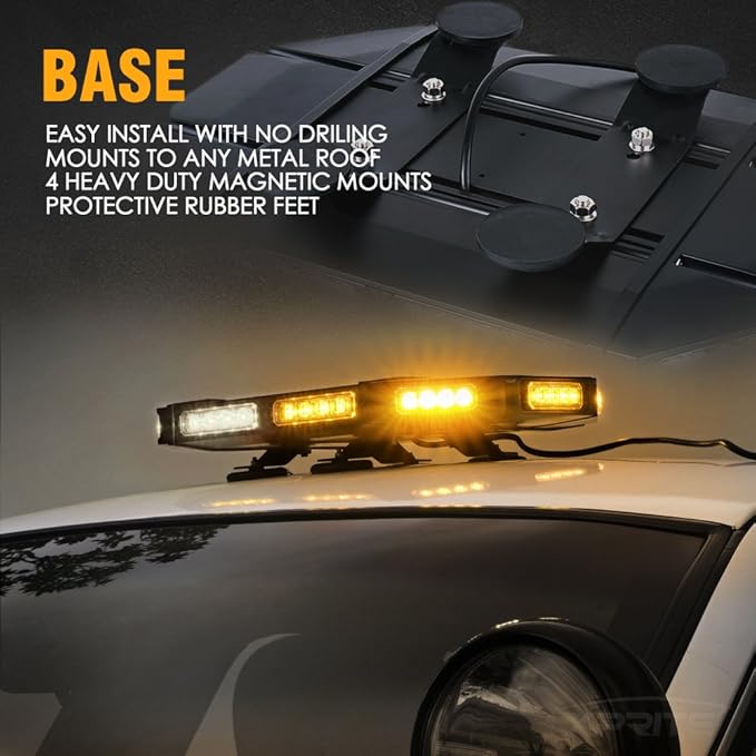 Xprite 18" White & Amber LED Emergency Rooftop Strobe Light Bar, Magnetic-Mounted Strobe Lights for Trucks, High-Intensity Warning Beacon for Tow, Construction, Snowplow, Patrol Vehicles
