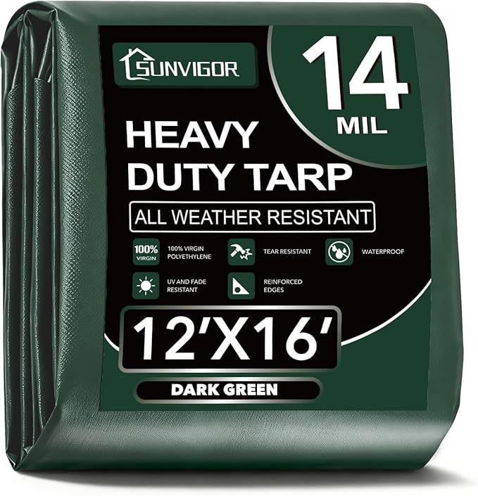 Sunvigor Tarp Waterproof 12x16Ft, Extra Thick 14 Mil Heavy Duty Tarp Cover, Tear & Fade Resistant, Outdoor Tarps with Brass Grommets and Reinforced Edges for Roof, Camping, Patio, Boat (Green)