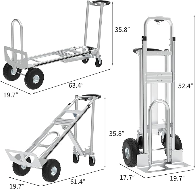 Aluminum Convertible Hand Truck, 800lbs 3 in 1 Folding Dolly Cart Lightweight Frame,Heavy Duty Industrial Platform Cart Handtruck for Construction, Logistics, Shopping, Home, Office Moving (Silver)