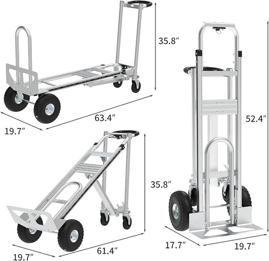 Aluminum Convertible Hand Truck, 800lbs 3 in 1 Folding Dolly Cart Lightweight Frame,Heavy Duty Industrial Platform Cart Handtruck for Construction, Logistics, Shopping, Home, Office Moving (Silver)