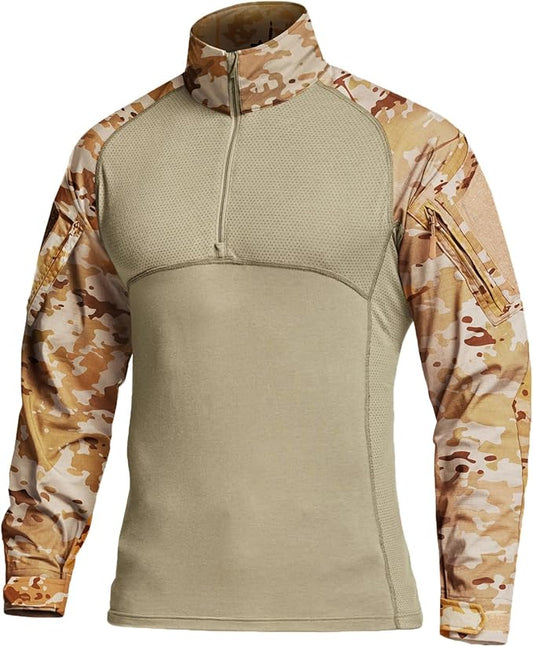 CQR Men's Combat Shirt Tactical 1/4 Zip Long Sleeve Military BDU Shirts Camo EDC Top with Pockets