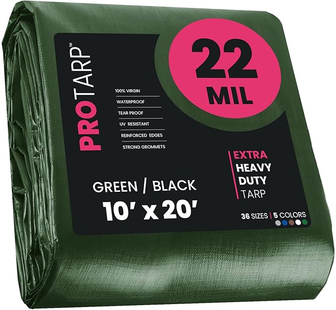 PROTARP Extreme Heavy Duty 22 Mil Tarp Cover, Waterproof, UV Resistant, Rip and Tear Proof, Poly Tarpaulin with Reinforced Edges for Roof, Camping, Patio, Pool, Boat. (Green/Black 10′ X 20′)