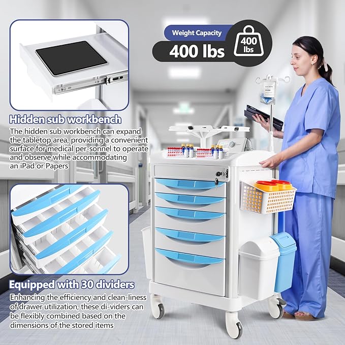 Kalolary Adjustable Rolling Medical Storage Crash Cart with 5 Drawers & 4 Silent Wheels, Mobile Medical Cartwith 2 Trash Cans for Clinic, Hospital, Salon