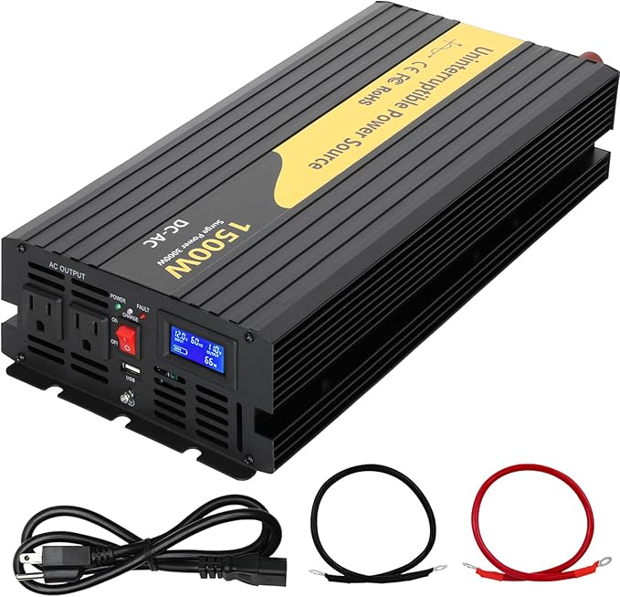 1500W Primary Sump Pump Backup System, Basment Protection Backup Inverter, Black, LCD Display, Auto Switches for Continuous Sump Pump Operation, Basement Emergency and Power Outage Backup
